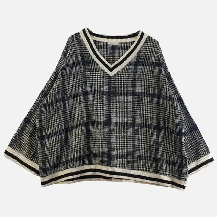 [BUNJANG] FREE V-Neck Checkered Knit Top / 여FREE 브이넥 체크 니트 M6373