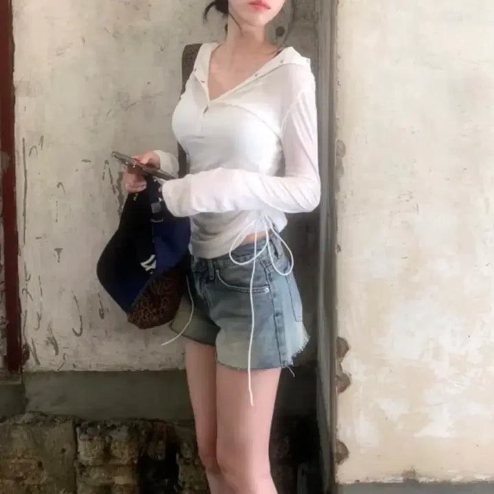 [BUNJANG] See-through Shirred Long Sleeve Top / (새옷) 시스루 셔링 긴팔 티셔츠
