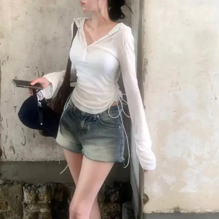 [BUNJANG] See-through Shirred Long Sleeve Top / (새옷) 시스루 셔링 긴팔 티셔츠