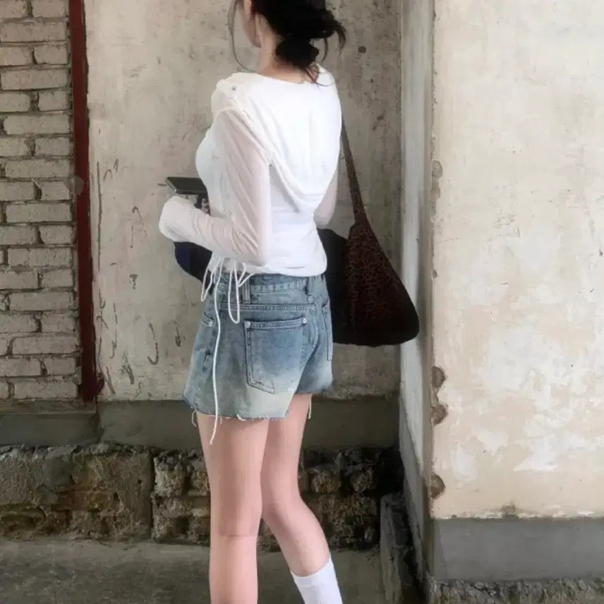 [BUNJANG] See-through Shirred Long Sleeve Top / (새옷) 시스루 셔링 긴팔 티셔츠