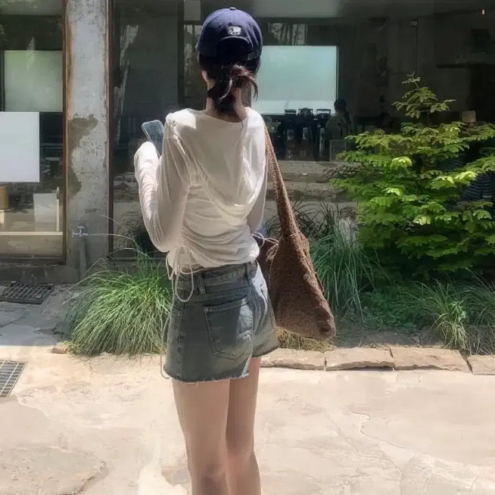 [BUNJANG] See-through Shirred Long Sleeve Top / (새옷) 시스루 셔링 긴팔 티셔츠