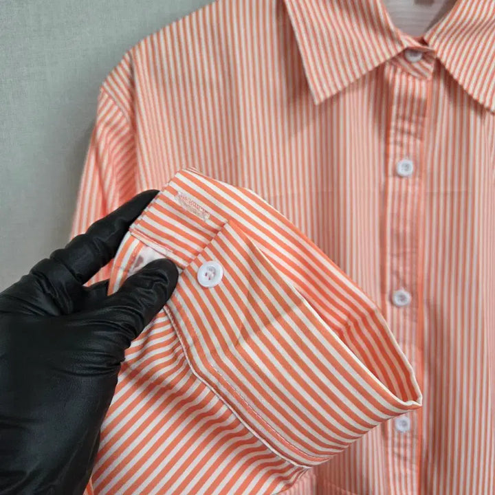 [BUNJANG] JJ1024 Orange Striped Long Sleeve Shirt 2XL / 여성 오렌지 스트라이프 긴팔 셔츠 2XL JJ1024