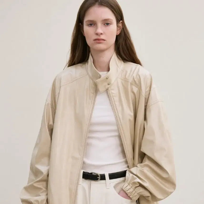 [BUNJANG] Fox Leather High Neck Jacket (Ecru) / 폭스 레더 하이넥 자켓(에크루)