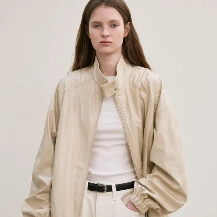 [BUNJANG] Fox Leather High Neck Jacket (Ecru) / 폭스 레더 하이넥 자켓(에크루)