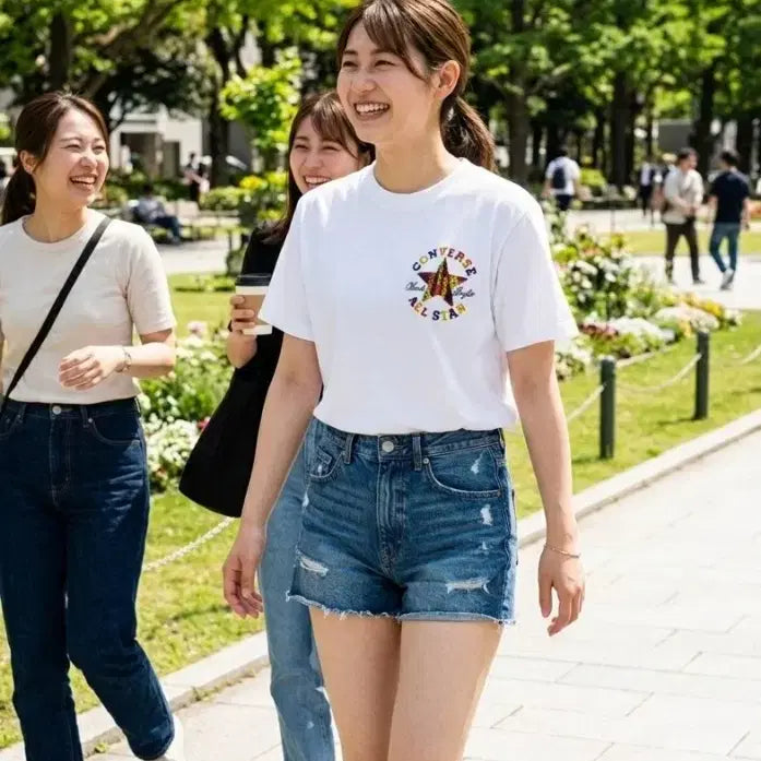 [BUNJANG] Converse Chuck Taylor Sagara Rainbow Embroidery Short Sleeve T-Shirt / [L] 컨버스 척테일러 올스타 사가라 무지개 자수 반팔 티셔츠