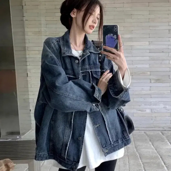 [BUNJANG] Washing Overfit Denim Jacket Medium Blue / 에이블리 네이버스토어 워싱 오버핏 데님 자켓 중청