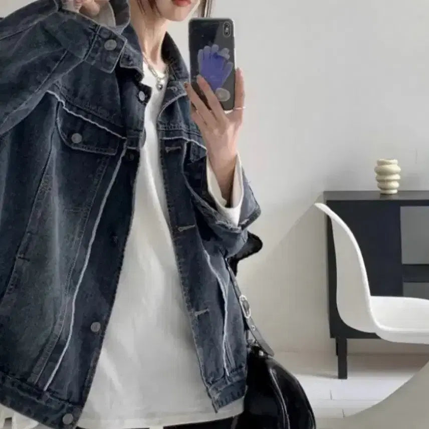 [BUNJANG] Washing Overfit Denim Jacket Medium Blue / 에이블리 네이버스토어 워싱 오버핏 데님 자켓 중청