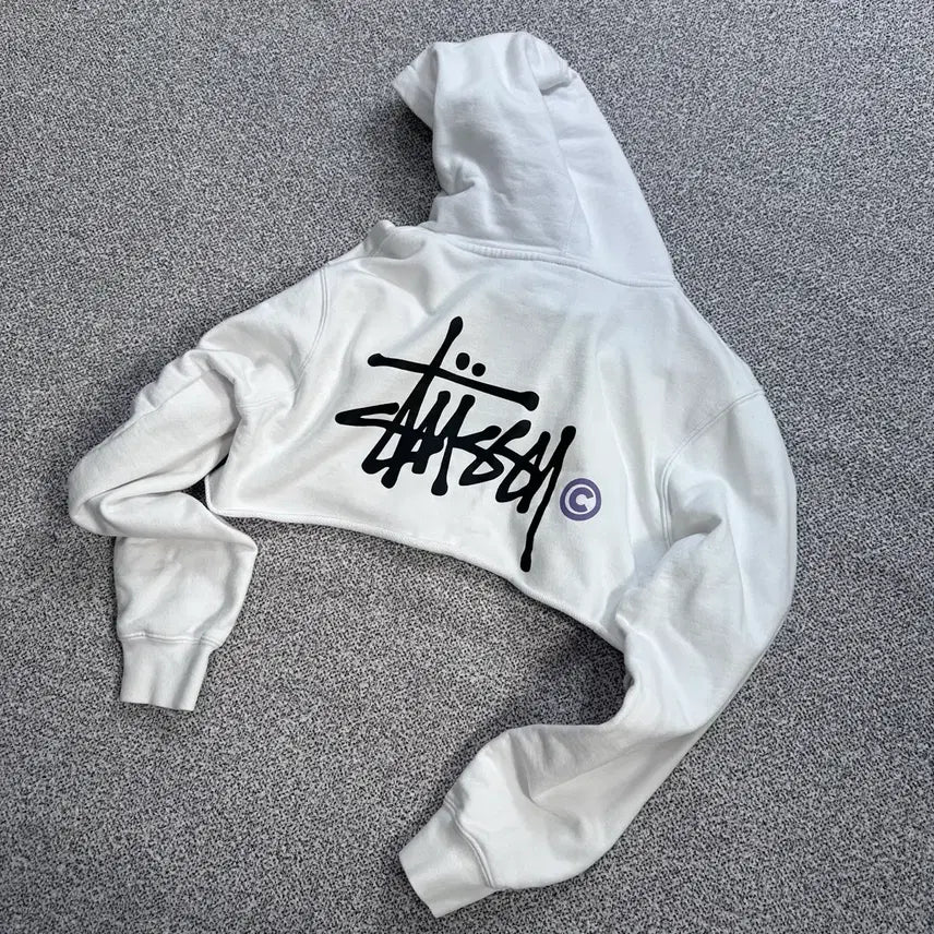[BUNJANG] Stussy White Cut-off Cropped Hoodie / 스투시(Stussy) 화이트 컷오프 크롭 후드티