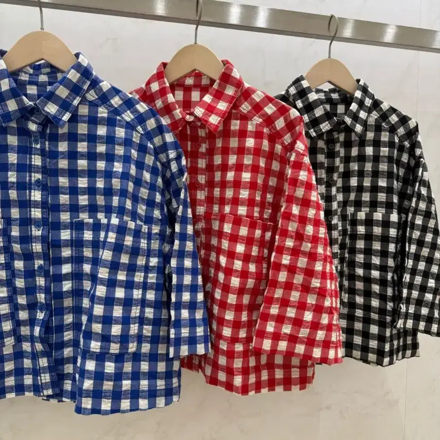 [BUNJANG] Gingham Check 7-Sleeve Shirt / 고방 체크 7부 셔츠