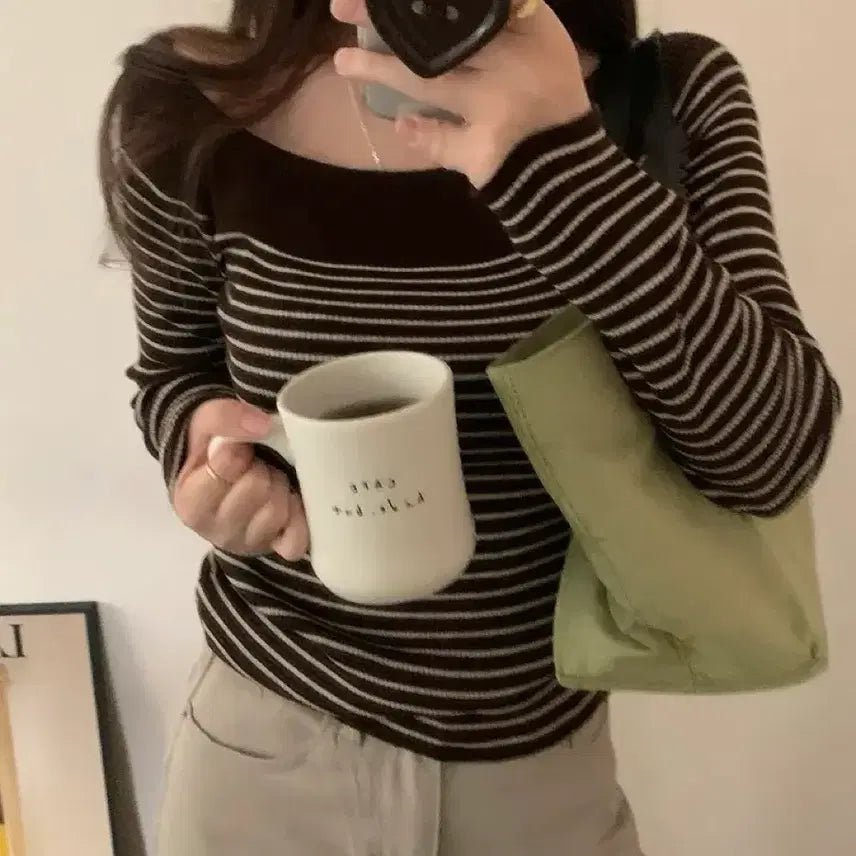 [BUNJANG] Soyeon Recipe Raglan Off-Shoulder Striped Knit Oatmeal / 새상품) 소녀레시피 레글런 오프 단가라 니트 오트밀