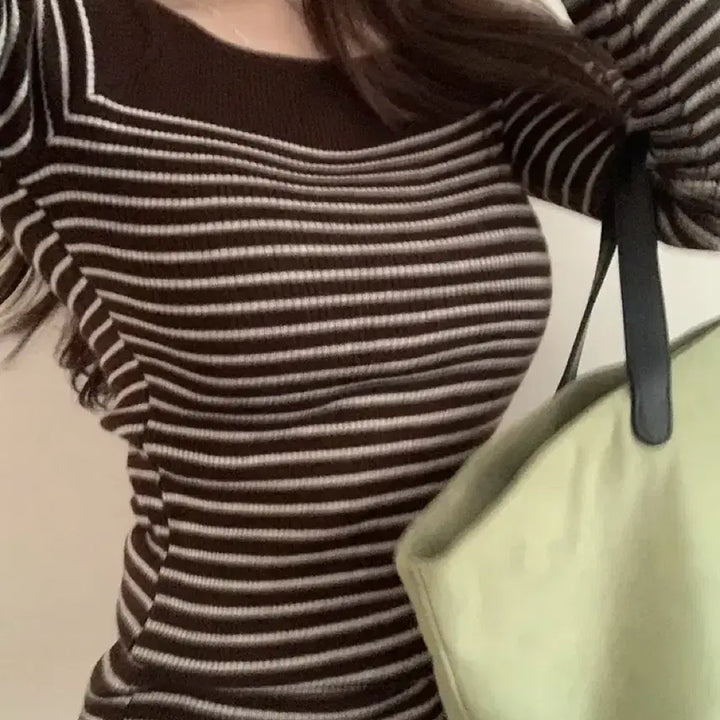 [BUNJANG] Soyeon Recipe Raglan Off-Shoulder Striped Knit Oatmeal / 새상품) 소녀레시피 레글런 오프 단가라 니트 오트밀