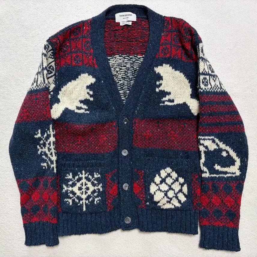 [BUNJANG] Thom Browne Fair Isle Animal Cardigan (Navy/Red) / [3] 톰브라운 페어아일 애니멀 가디건 (네이비/레드)