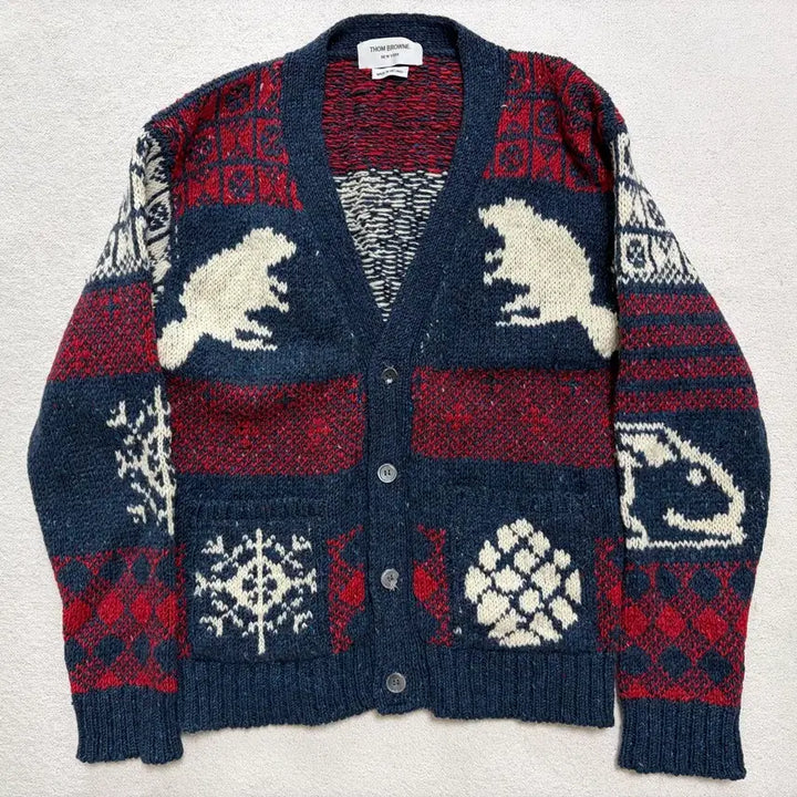 [BUNJANG] Thom Browne Fair Isle Animal Cardigan (Navy/Red) / [3] 톰브라운 페어아일 애니멀 가디건 (네이비/레드)