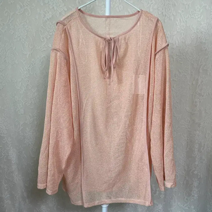 [BUNJANG] Pink See-Through Long Sleeve Blouse / 핑크 시스루 긴팔 블라우스