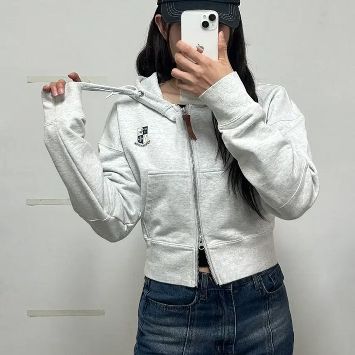 [BUNJANG] Marithe Francois Girbaud Emblem Logo Crop Hoodie Heather Grey / 마리떼 프랑소와 저버 엠블럼 로고 크롭 후드집업 헤더그레이