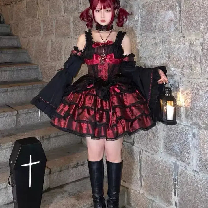 [BUNJANG] Gothic Lolita Ribbon Camisole Mini Dress Set / 고딕 로리타 리본 캄솜 미니 드레스 세트