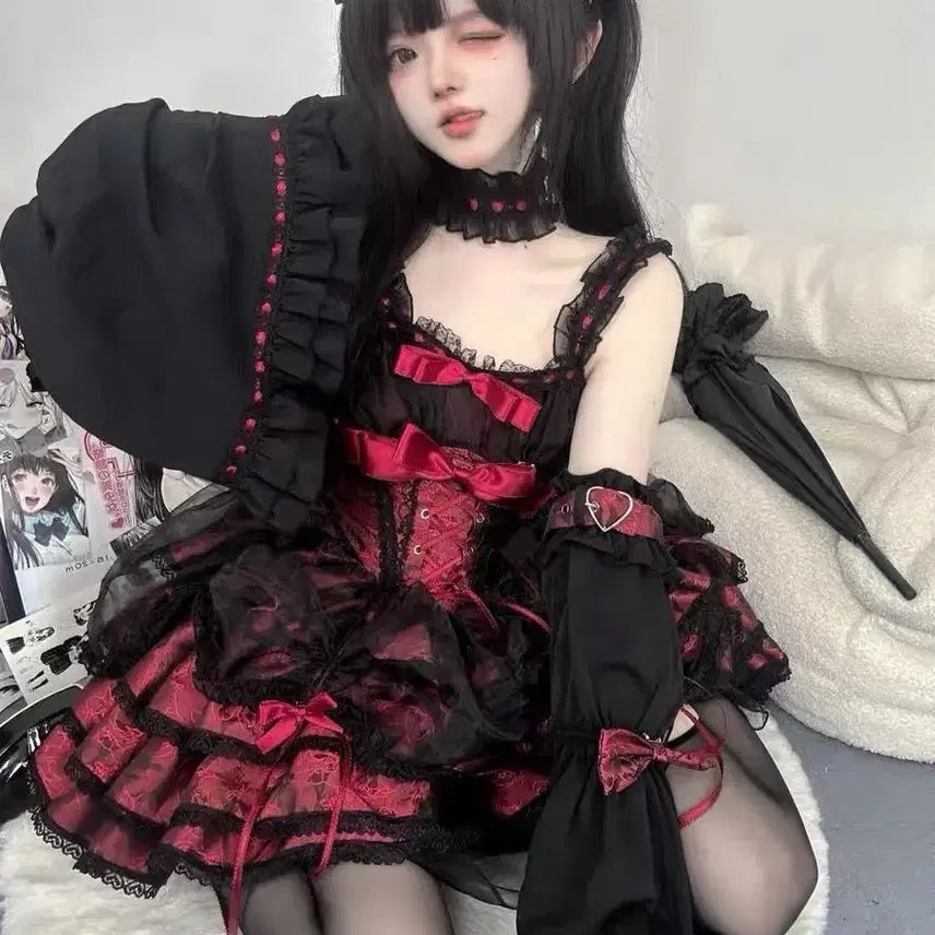 [BUNJANG] Gothic Lolita Ribbon Camisole Mini Dress Set / 고딕 로리타 리본 캄솜 미니 드레스 세트