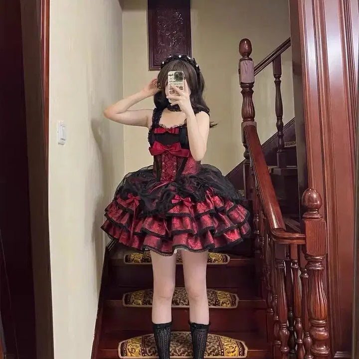 [BUNJANG] Gothic Lolita Ribbon Camisole Mini Dress Set / 고딕 로리타 리본 캄솜 미니 드레스 세트