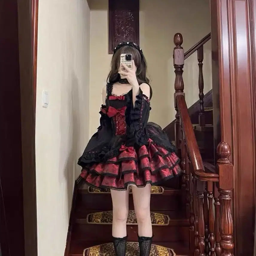 [BUNJANG] Gothic Lolita Ribbon Camisole Mini Dress Set / 고딕 로리타 리본 캄솜 미니 드레스 세트
