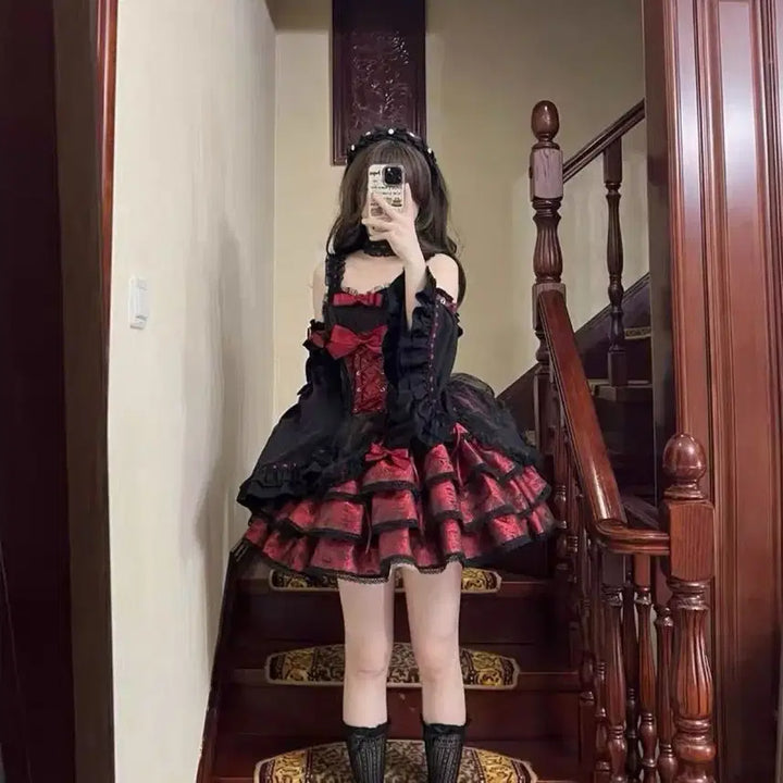 [BUNJANG] Gothic Lolita Ribbon Camisole Mini Dress Set / 고딕 로리타 리본 캄솜 미니 드레스 세트