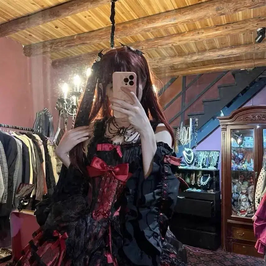 [BUNJANG] Gothic Lolita Ribbon Camisole Mini Dress Set / 고딕 로리타 리본 캄솜 미니 드레스 세트