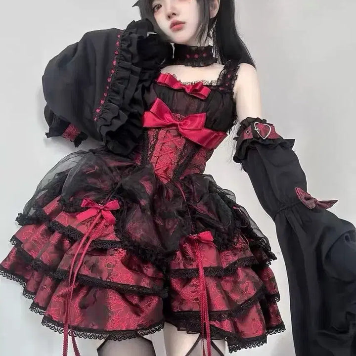 [BUNJANG] Gothic Lolita Ribbon Camisole Mini Dress Set / 고딕 로리타 리본 캄솜 미니 드레스 세트