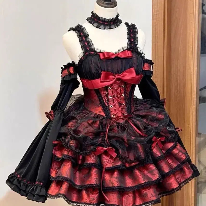 [BUNJANG] Gothic Lolita Ribbon Camisole Mini Dress Set / 고딕 로리타 리본 캄솜 미니 드레스 세트