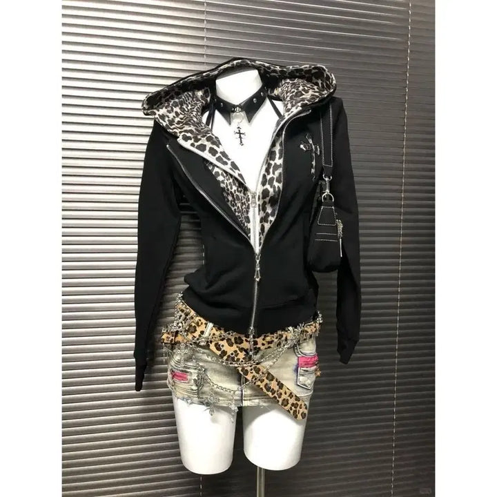 [SOLD OUT] 고딕 서브컬처 호피 레오파드 안감 페이크 투피스 후드집업