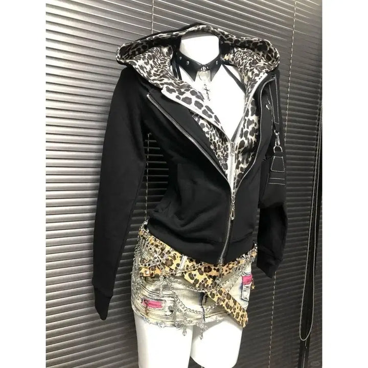 [SOLD OUT] 고딕 서브컬처 호피 레오파드 안감 페이크 투피스 후드집업