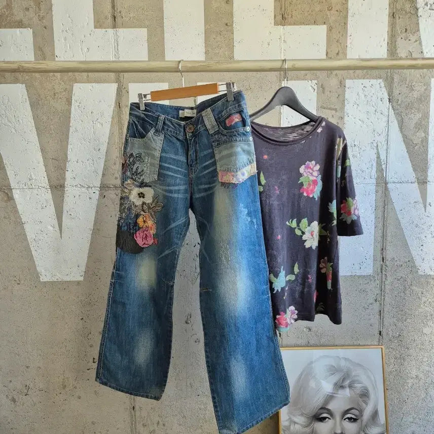 [BUNJANG] Vintage Flower Appliqué Jeans / 빈티지 플라워 아플리케 청바지(PT2