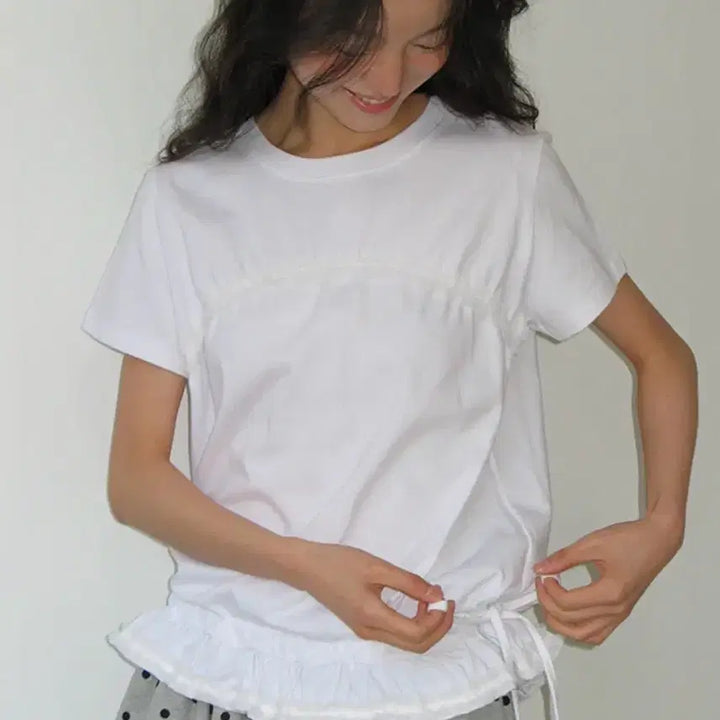 [BUNJANG] RonRon Ruffle Shirring Short Sleeve T-shirt / 론론 프릴 셔링 반팔 티셔츠