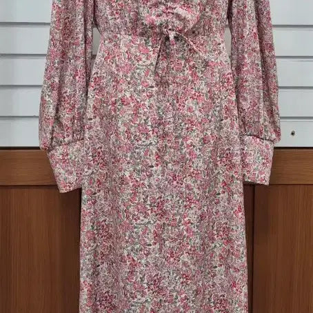 [BUNJANG] Floral Pattern Long Dress with Shirring String / 플라워 롱 원피스 핑크 꽃무늬 셔링끈