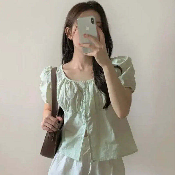 [SOLD OUT] 로즐린 메리 스퀘어넥 반팔 블라우스 민트