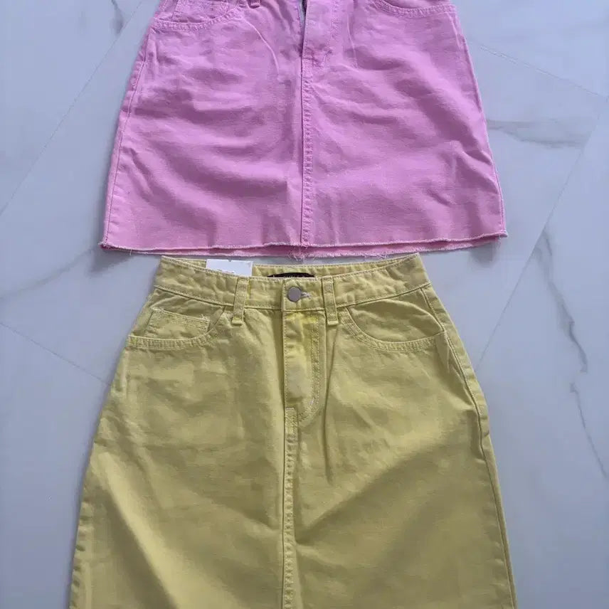 [BUNJANG] Pink/Yellow Denim Mini Skirt / 핑크/옐로우 데님 미니스커트
