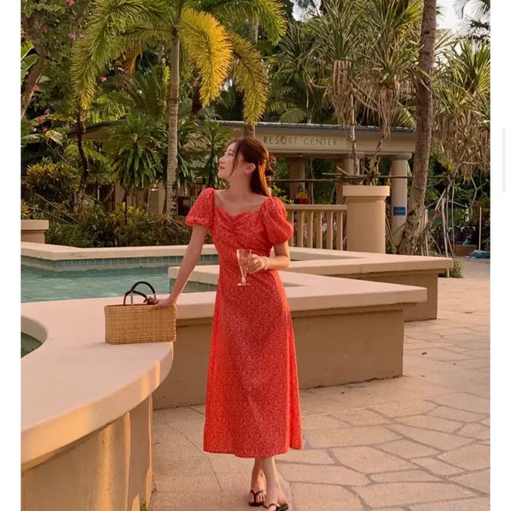 [BUNJANG] Floral Print Red Long Dress / 휴양지 플라워 잔꽃 레드 롱원피스