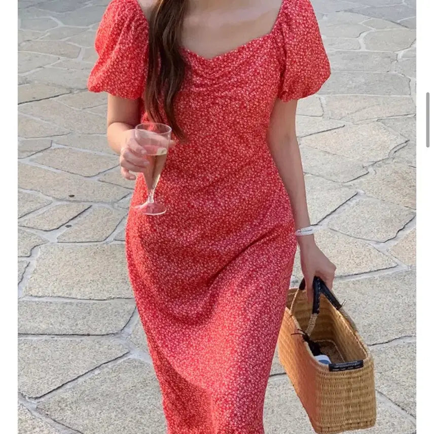 [BUNJANG] Floral Print Red Long Dress / 휴양지 플라워 잔꽃 레드 롱원피스