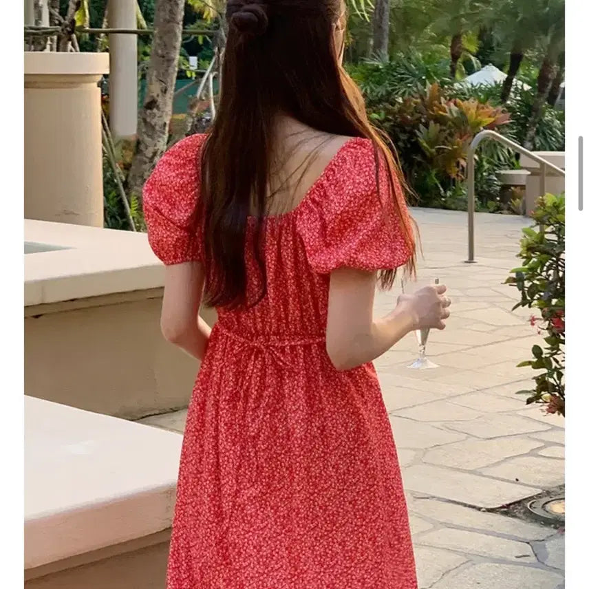 [BUNJANG] Floral Print Red Long Dress / 휴양지 플라워 잔꽃 레드 롱원피스