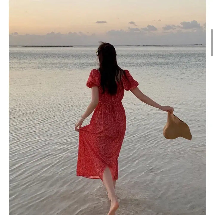 [BUNJANG] Floral Print Red Long Dress / 휴양지 플라워 잔꽃 레드 롱원피스