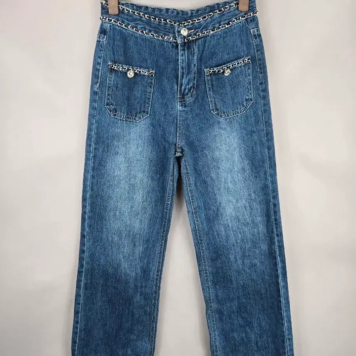 [BUNJANG] Chain Embellished High-Waist Semi-Wide Denim Pants / [무료배송]여성 M 체인 장식 하이웨이스트 세미 와이드 데님 팬츠 청바지