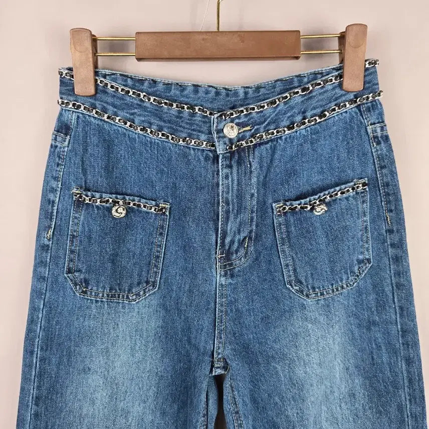 [BUNJANG] Chain Embellished High-Waist Semi-Wide Denim Pants / [무료배송]여성 M 체인 장식 하이웨이스트 세미 와이드 데님 팬츠 청바지