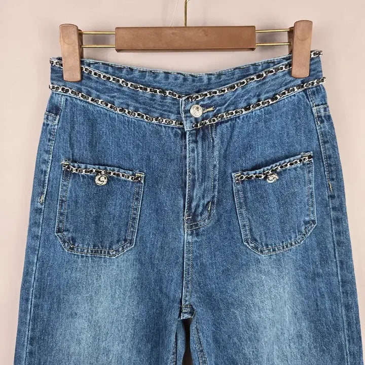 [BUNJANG] Chain Embellished High-Waist Semi-Wide Denim Pants / [무료배송]여성 M 체인 장식 하이웨이스트 세미 와이드 데님 팬츠 청바지