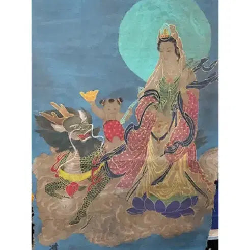 [BUNJANG] Wu Daozi Style Celadon Porcelain Buddhist Painting - Guanyin Bodhisattva and auspicious spirit painting / 오도자 필 청저 금니 채색 관음보살영수도 불화 탱화 그림