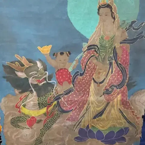 [BUNJANG] Wu Daozi Style Celadon Porcelain Buddhist Painting - Guanyin Bodhisattva and auspicious spirit painting / 오도자 필 청저 금니 채색 관음보살영수도 불화 탱화 그림