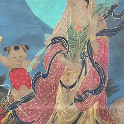 [BUNJANG] Wu Daozi Style Celadon Porcelain Buddhist Painting - Guanyin Bodhisattva and auspicious spirit painting / 오도자 필 청저 금니 채색 관음보살영수도 불화 탱화 그림
