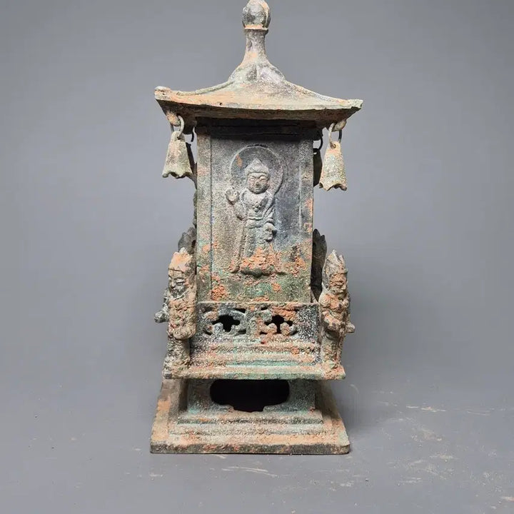 [BUNJANG] Bronze Four-Direction Buddha Pagoda-Style Reliquary / 청동제 사방불 누각식 사리함 출토품 골동품 고미술품 수집품 불교