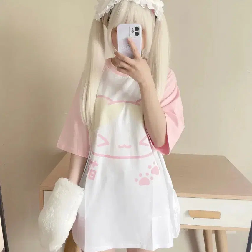[BUNJANG] Subculture Pastel Pink Cat T-Shirt / 서브컬처 양산형 파스텔 핑크 고양이 티셔츠