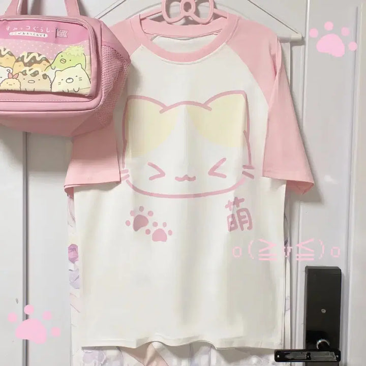 [BUNJANG] Subculture Pastel Pink Cat T-Shirt / 서브컬처 양산형 파스텔 핑크 고양이 티셔츠