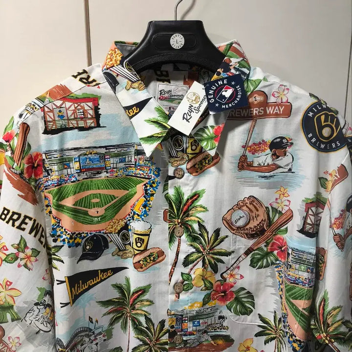 [BUNJANG] Reins Puner x MLB Milwaukee Hawaiian Shirt / 새거 M~2XL 레인스푸너 x MLB 밀워키 하와이안 셔츠
