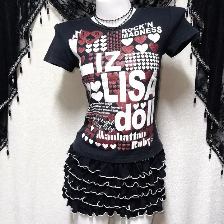 [BUNJANG] Lizlisa Retro Glitter Lettering Short Sleeve Top / 리즈리사돌 키치 펑크 y2k 헤이세이 갸루 글리터 레터링 반팔탑 핀터