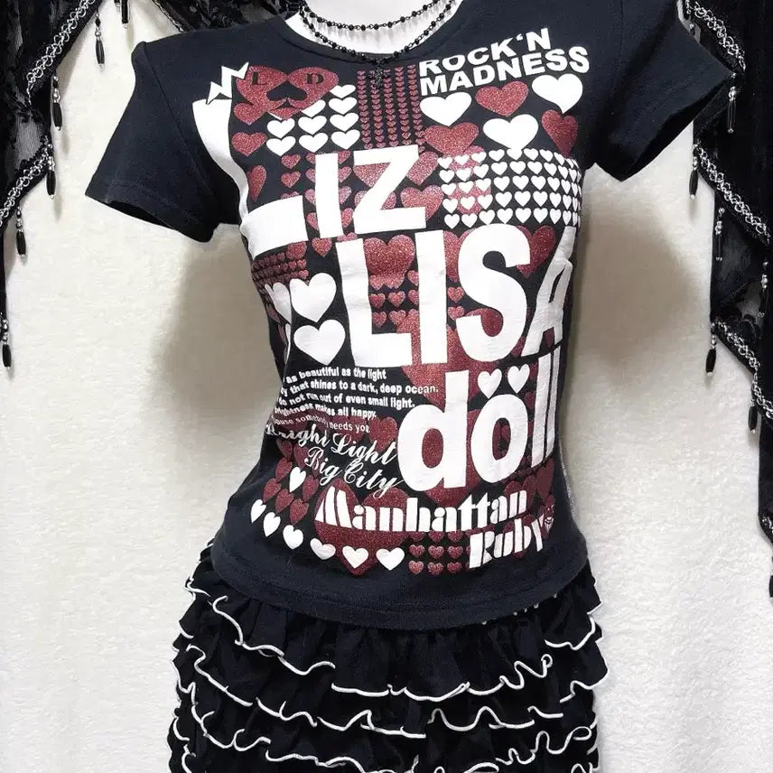 [BUNJANG] Lizlisa Retro Glitter Lettering Short Sleeve Top / 리즈리사돌 키치 펑크 y2k 헤이세이 갸루 글리터 레터링 반팔탑 핀터
